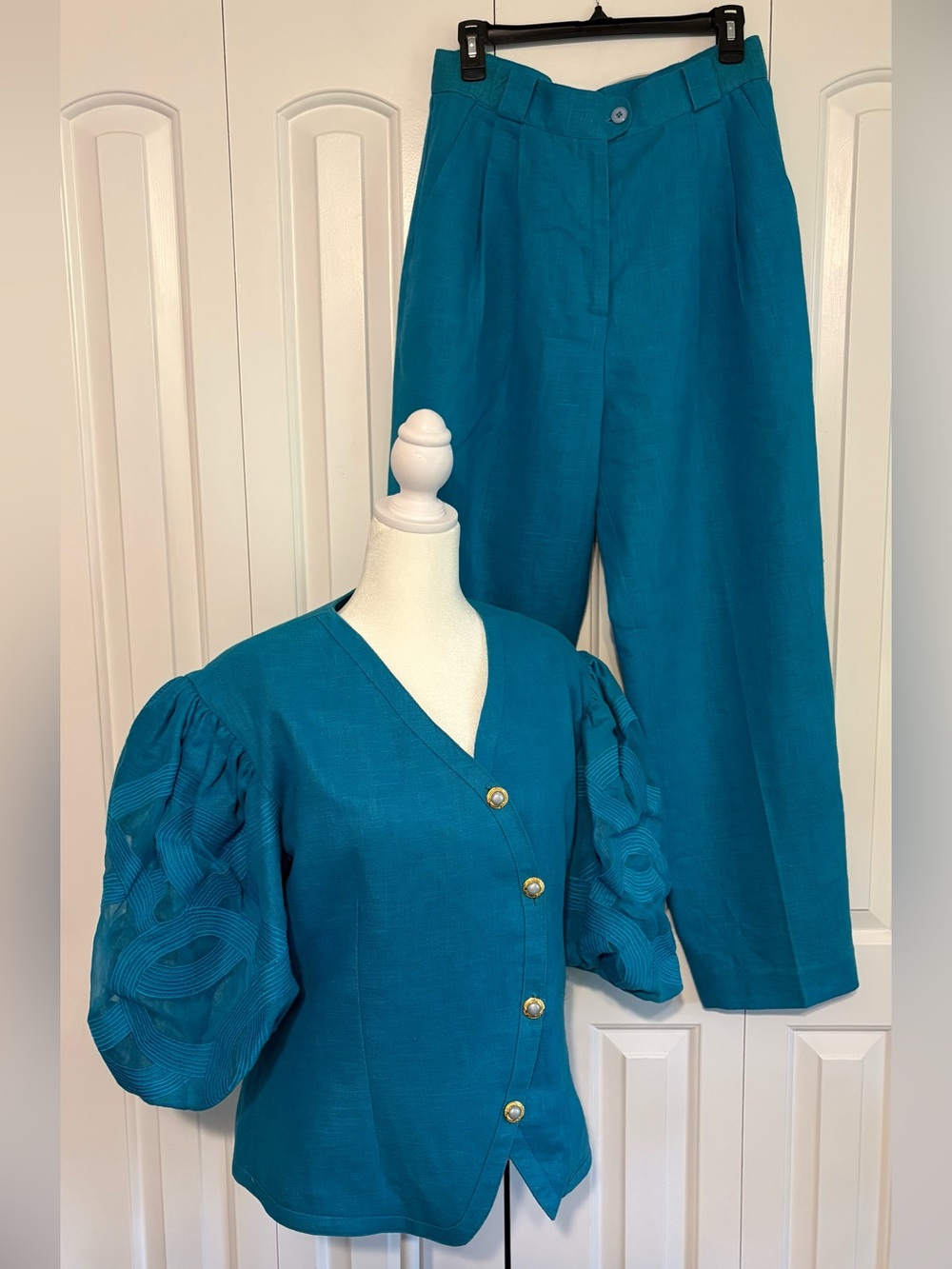 Vintage MAX MARGO, Teal Puff-Sleeve Linen Pantsuit, Size 12